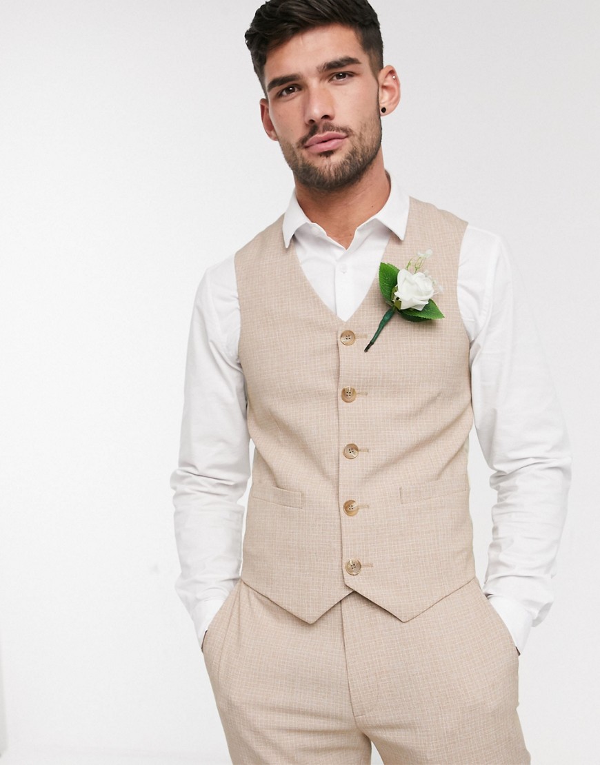 Asos Design Wedding Skinny Suit Suit Vest In Crosshatch In Camel-neutral