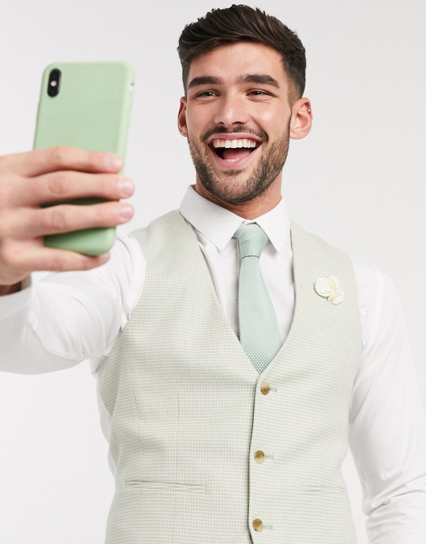 ASOS DESIGN wedding skinny suit suit vest in stretch cotton linen in mint houndstooth-Green