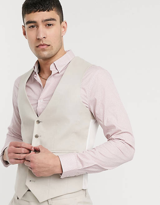 ASOS DESIGN wedding skinny suit suit vest in stretch cotton linen in stone  | ASOS