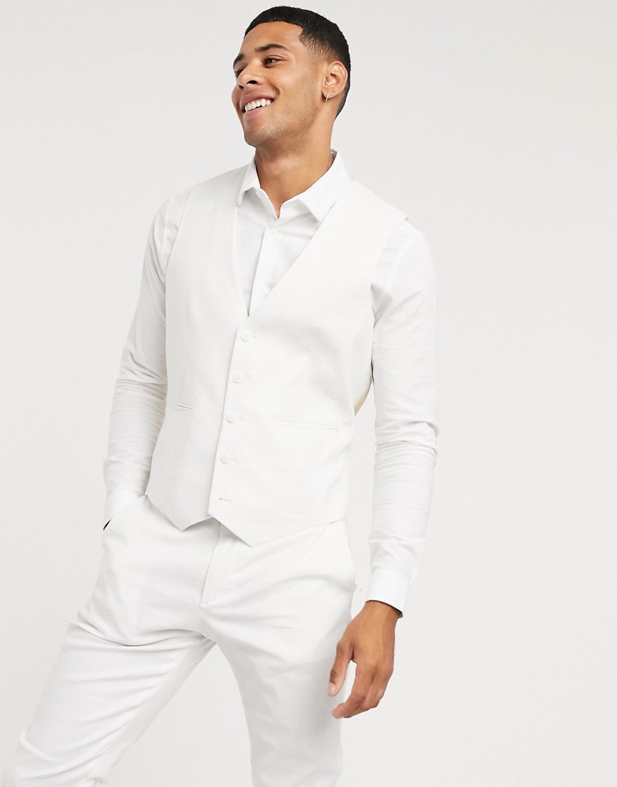 ASOS DESIGN wedding skinny suit suit vest in stretch cotton linen in white