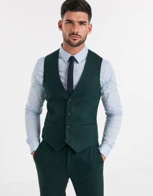 Asos Design Wedding Skinny Suit Suit Vest In Wool Mix Herringbone In Forest Green In Green
