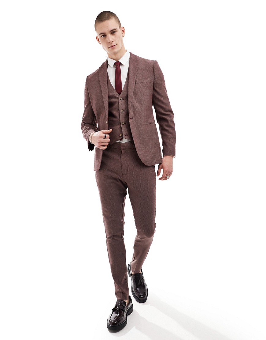 ASOS DESIGN wedding skinny suit trouser in burgundy microtexture-Red