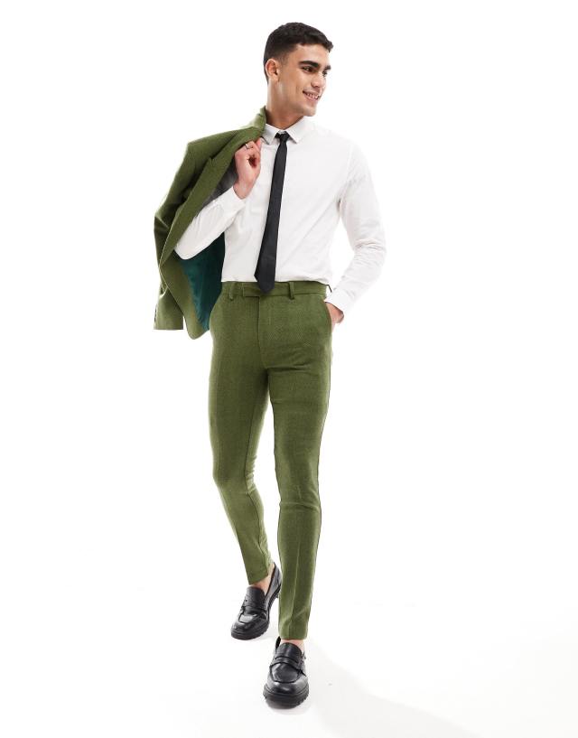 ASOS DESIGN - wedding  skinny suit trouser in khaki herringbone