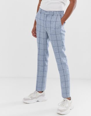 ASOS DESIGN wedding skinny suit trousers in blue check in linen mix