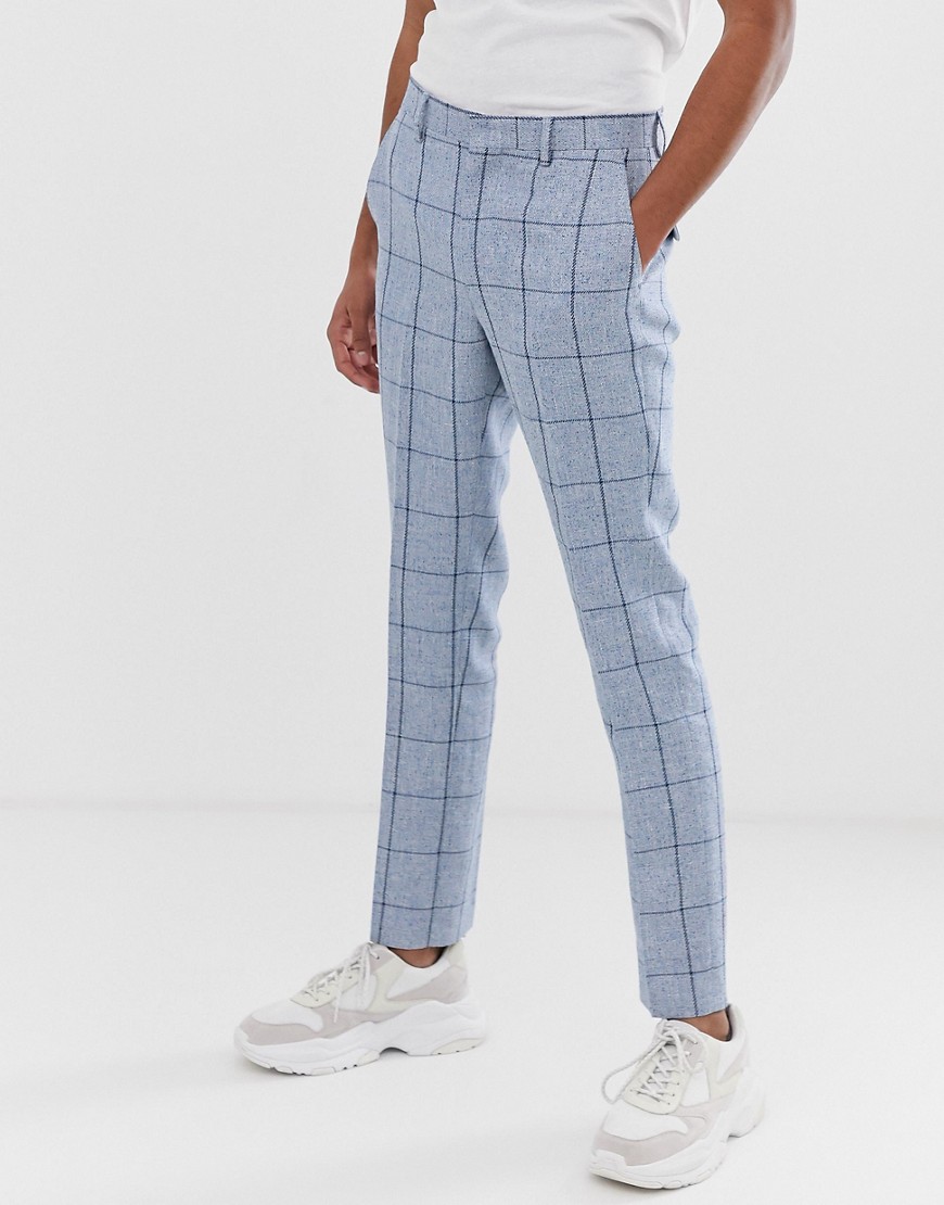 ASOS DESIGN wedding skinny suit trousers in blue check in linen mix