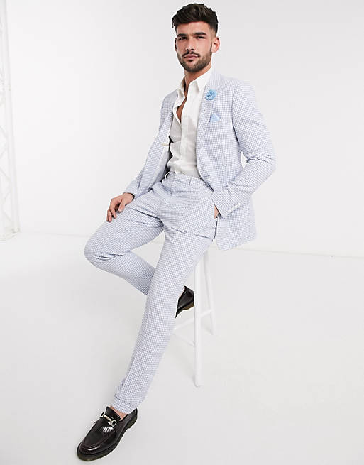 ASOS DESIGN wedding skinny suit trousers in light blue gingham cotton seersucker