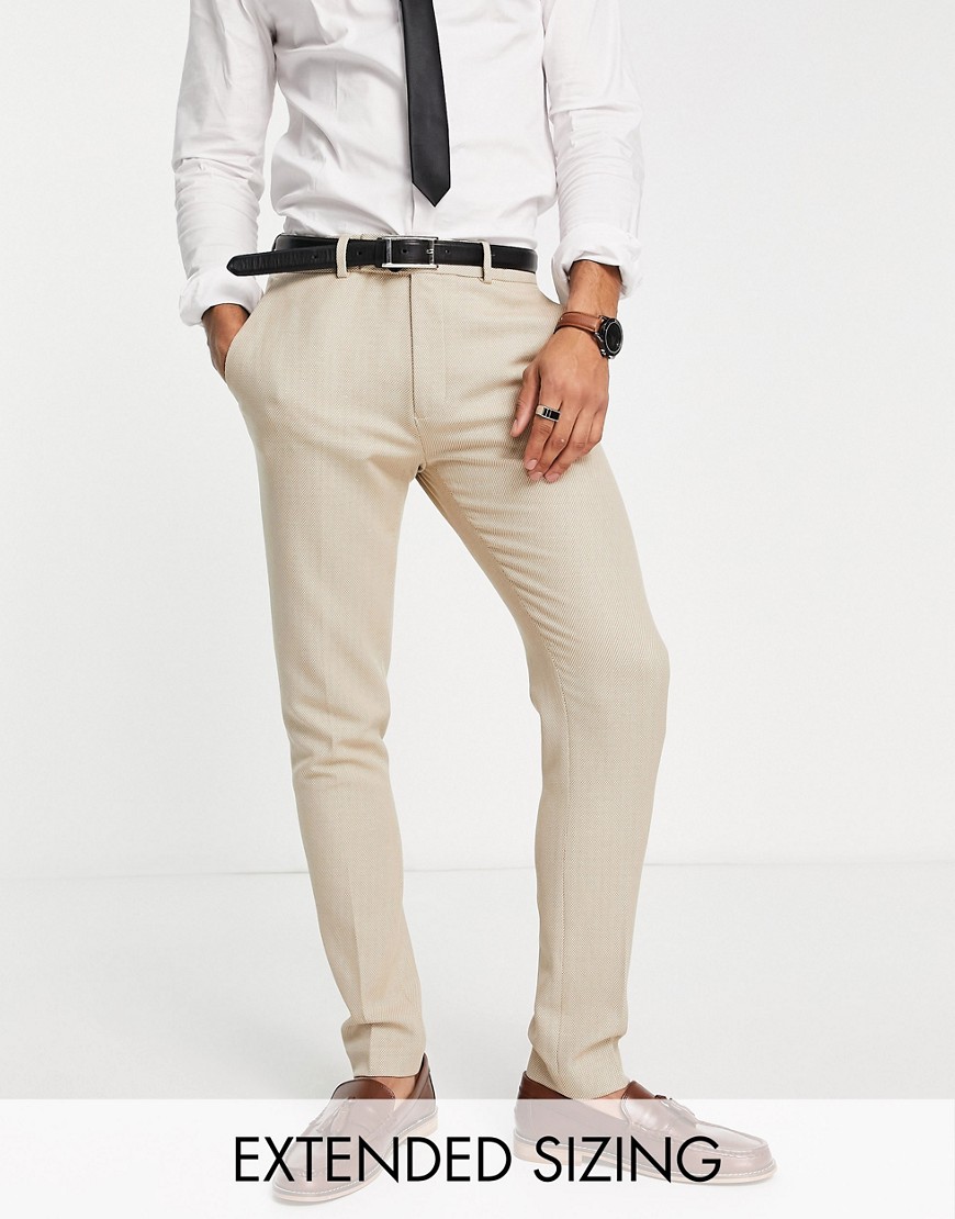 ASOS DESIGN wedding skinny suit trousers in linen mix in micro texture in beige-Neutral