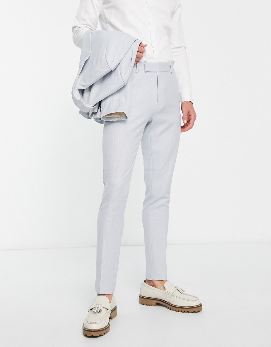 ASOS DESIGN wedding skinny suit trousers in linen mix in micro texture in pastel blue