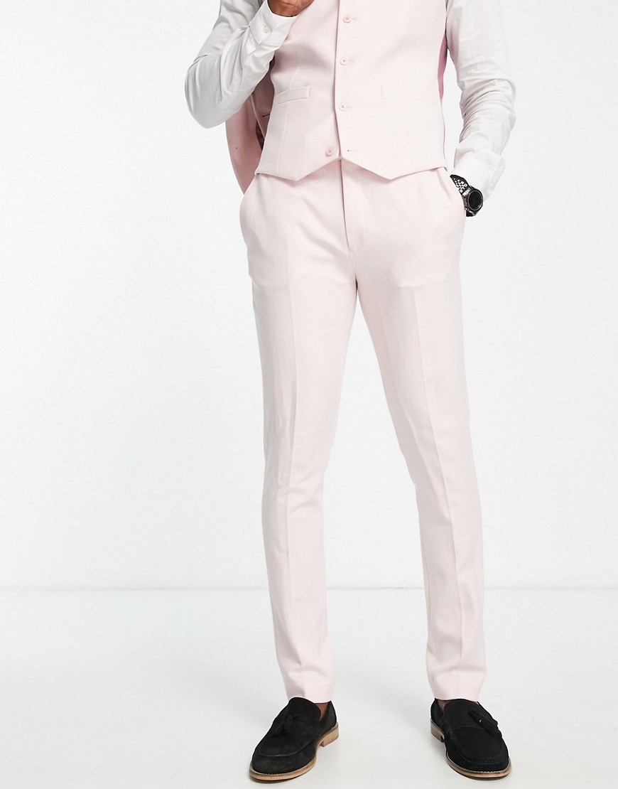 ASOS DESIGN wedding skinny suit trousers in linen mix in micro texture in pink