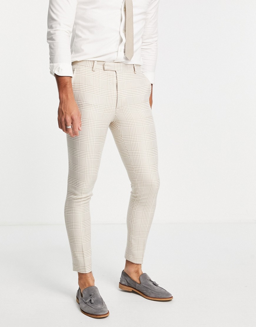 ASOS DESIGN wedding skinny suit trousers in stone prince of wales check-Neutral