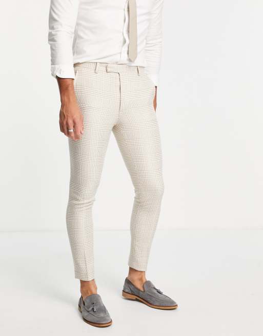 ASOS DESIGN wedding skinny suit trousers in stone prince of wales check