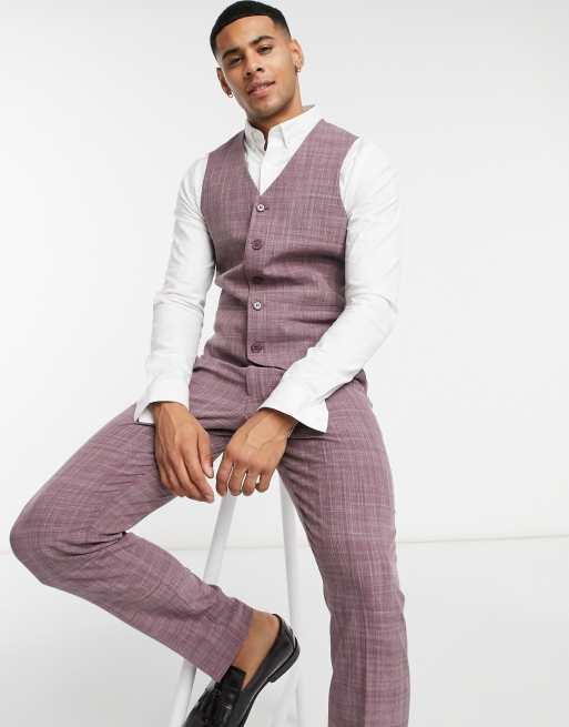 ASOS DESIGN wedding skinny suit vest in burgundy crosshatch