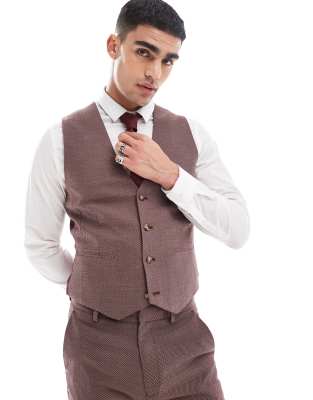 Asos Design Wedding Skinny Suit Vest In Burgundy Microtexture-red