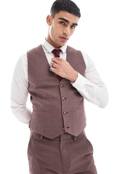 ASOS DESIGN wedding skinny suit vest in burgundy microtexture - view 1