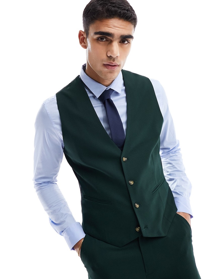 Asos Design Wedding Skinny Suit Vest In Forest Green Micro Texture