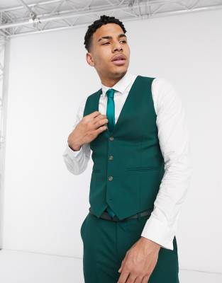 Asos Design Wedding Skinny Suit Suit Vest In Wool Mix Herringbone In Forest Green In Green