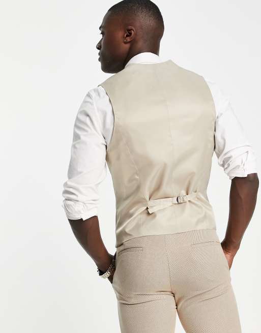 ASOS DESIGN Wedding skinny suit vest in linen mix in micro texture in brown, 4 of 4