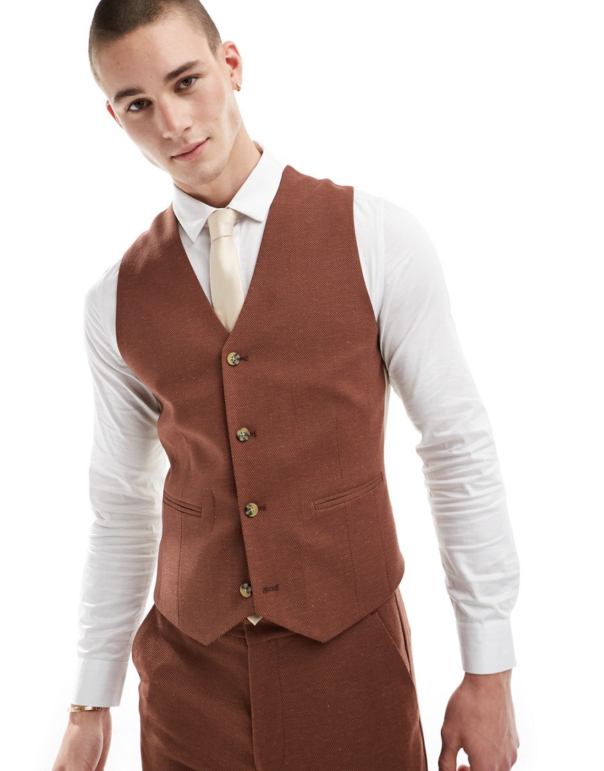 Asos Design Wedding Skinny Suit Vest In Linen Mix In Micro Texture In Brown