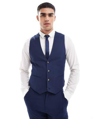 Asos Design Wedding Slim Suit Vest In Navy Microtexture In Navy