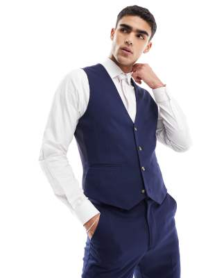 Asos Design Wedding Slim Suit Vest In Navy Microtexture In Navy