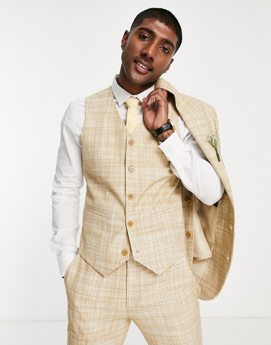 Asos Design Wedding Slim Suit Suit Vest In Stone Crosshatch-neutral