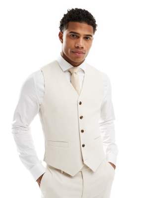Asos Design Wedding Skinny Suit Vest In Stone Textured Basketweave-neutral