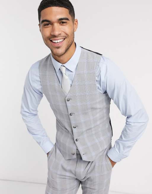 ASOS DESIGN wedding skinny suit waistcoat in blue and grey windowpane check