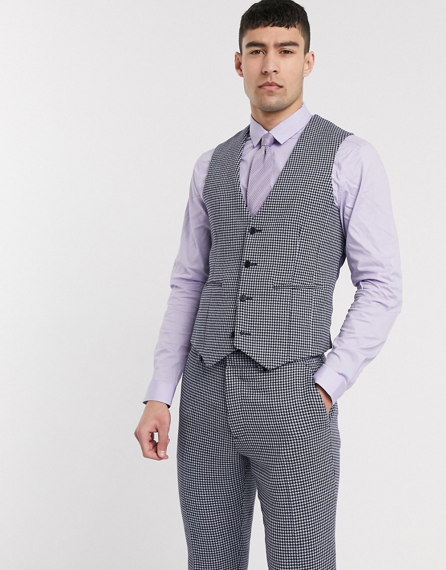 ASOS DESIGN wedding skinny suit waistcoat in blue and grey wool blend microcheck
