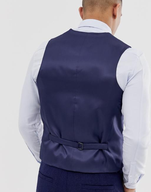 ASOS DESIGN wedding skinny suit waistcoat in blue wool blend herringbone, 2 of 4
