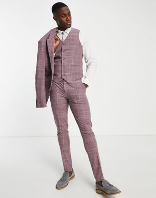 ASOS DESIGN wedding skinny suit waistcoat in burgundy crosshatch