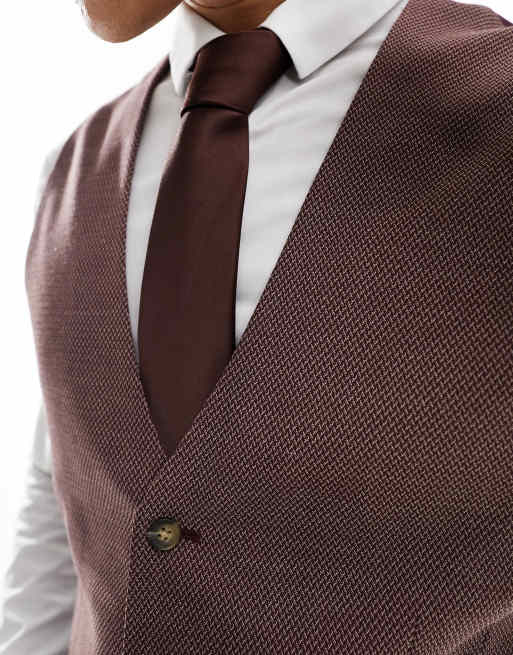 ASOS DESIGN wedding skinny suit waistcoat in burgundy microtexture, 2 of 5