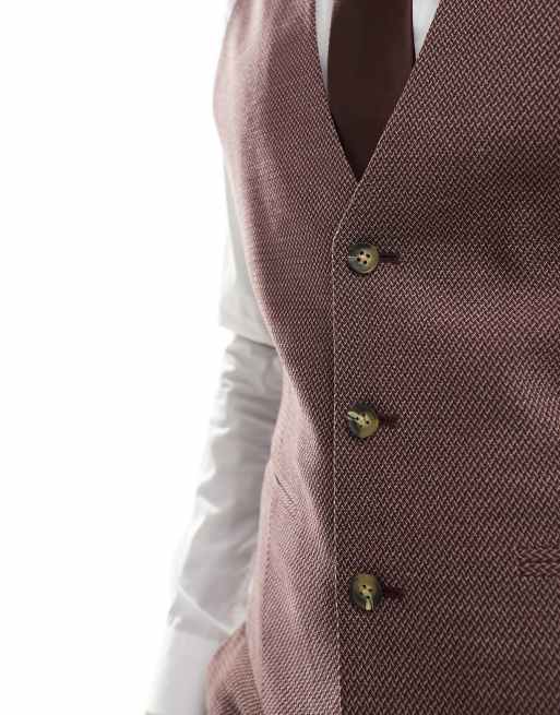 ASOS DESIGN wedding skinny suit waistcoat in burgundy microtexture, 5 of 5