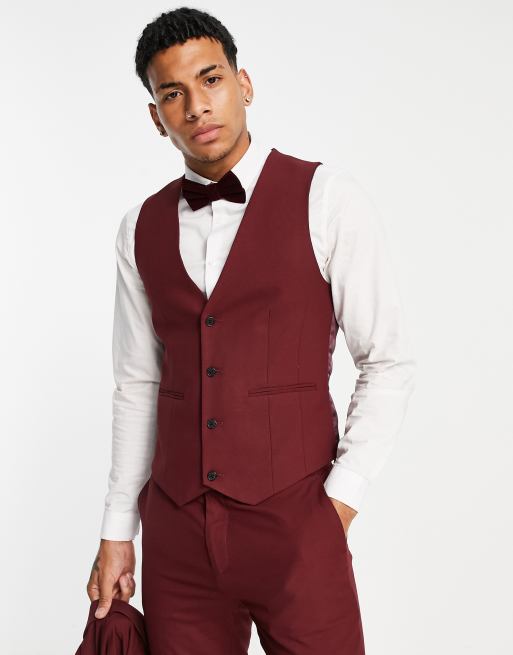 ASOS DESIGN wedding skinny suit waistcoat in burgundy ASOS