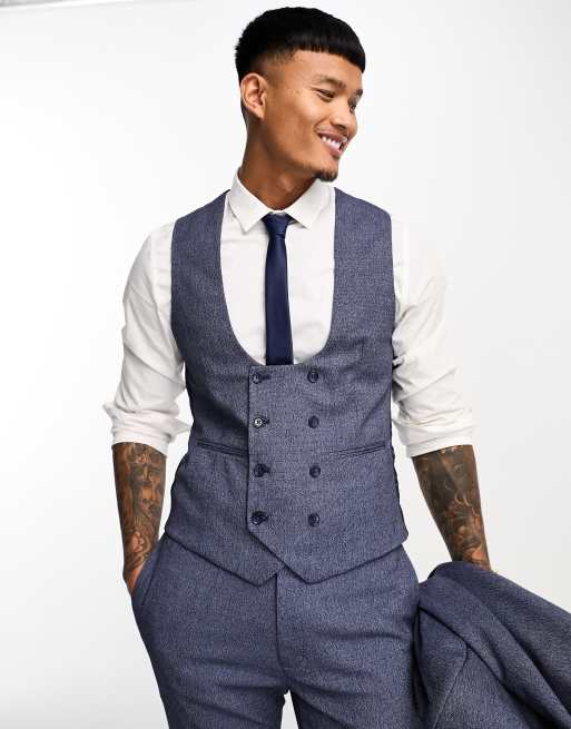 ASOS DESIGN wedding skinny suit waistcoat in dark blue micro texture