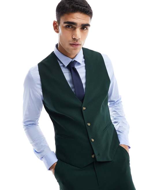 ASOS DESIGN wedding skinny suit waistcoat in forest green microtexture ...