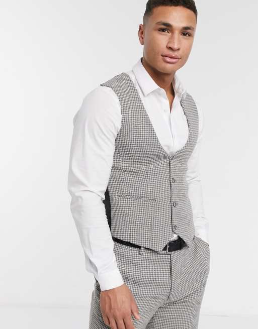 ASOS DESIGN wedding skinny suit waistcoat in grey wool blend micro houndstooth