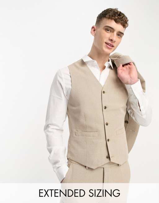 ASOS DESIGN wedding skinny suit waistcoat in linen blend in micro