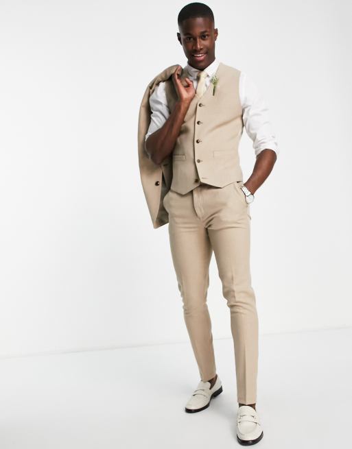 ASOS DESIGN wedding skinny suit waistcoat in linen mix in micro texture in brown, 2 of 4