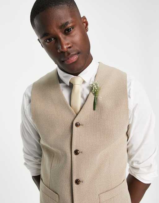 ASOS DESIGN wedding skinny suit waistcoat in linen mix in micro texture in brown, 3 of 4