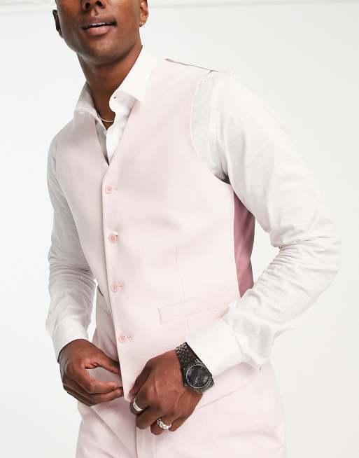 ASOS DESIGN wedding skinny suit waistcoat in linen mix in micro texture in pink