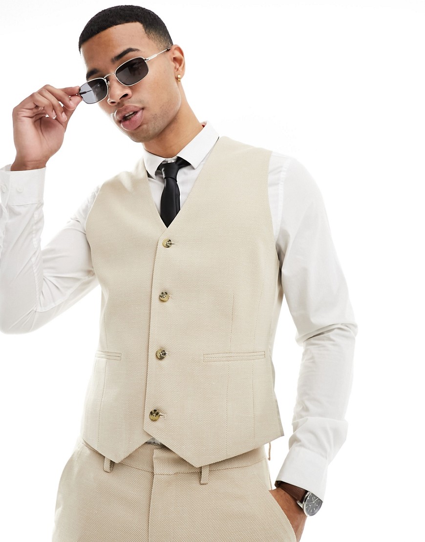 ASOS DESIGN wedding skinny suit waistcoat in linen mix in micro texture in stone-Neutral