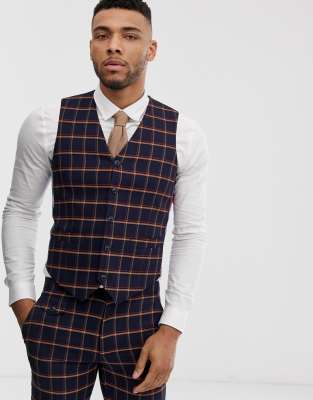 ASOS DESIGN wedding skinny suit waistcoat in navy windowpane check Navy