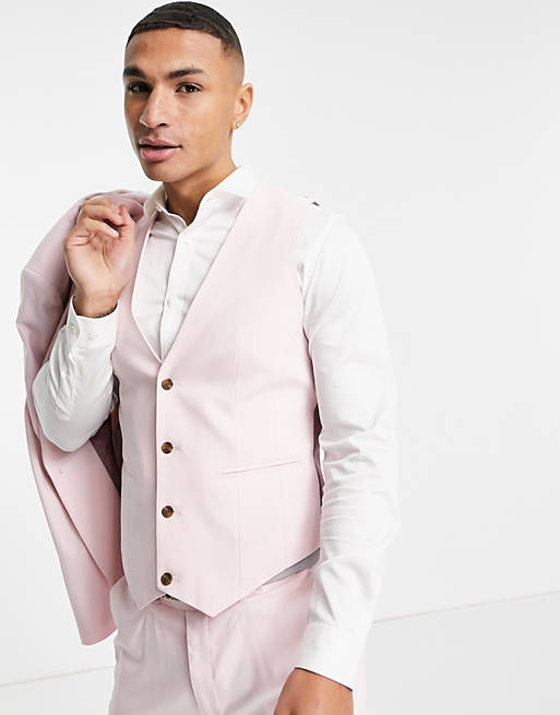 Men wedding skinny suit waistcoat in rose pink 