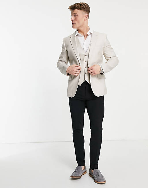 Suits wedding skinny suit waistcoat in stone cotton linen 