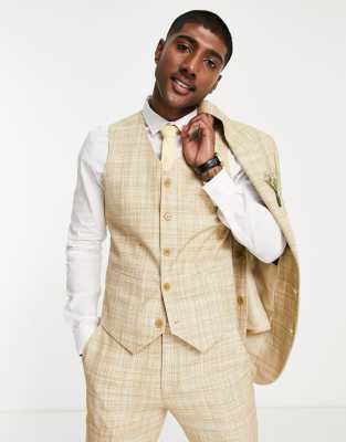 ASOS DESIGN ASOS DESIGN wedding skinny suit waistcoat in stone crosshatch-Neutral