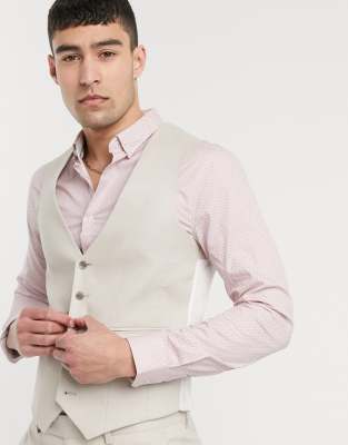 ASOS DESIGN ASOS DESIGN wedding skinny suit waistcoat in stretch cotton linen in stone-Neutral