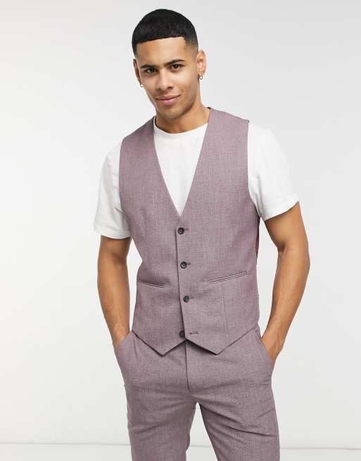 ASOS DESIGN wedding skinny suit waistcoat in wine crosshatch