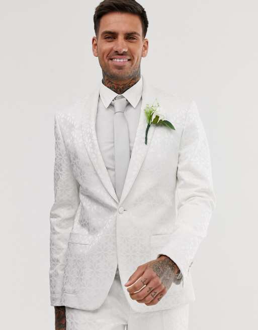 ASOS DESIGN wedding skinny tuxedo in cream jacquard, 2 of 2