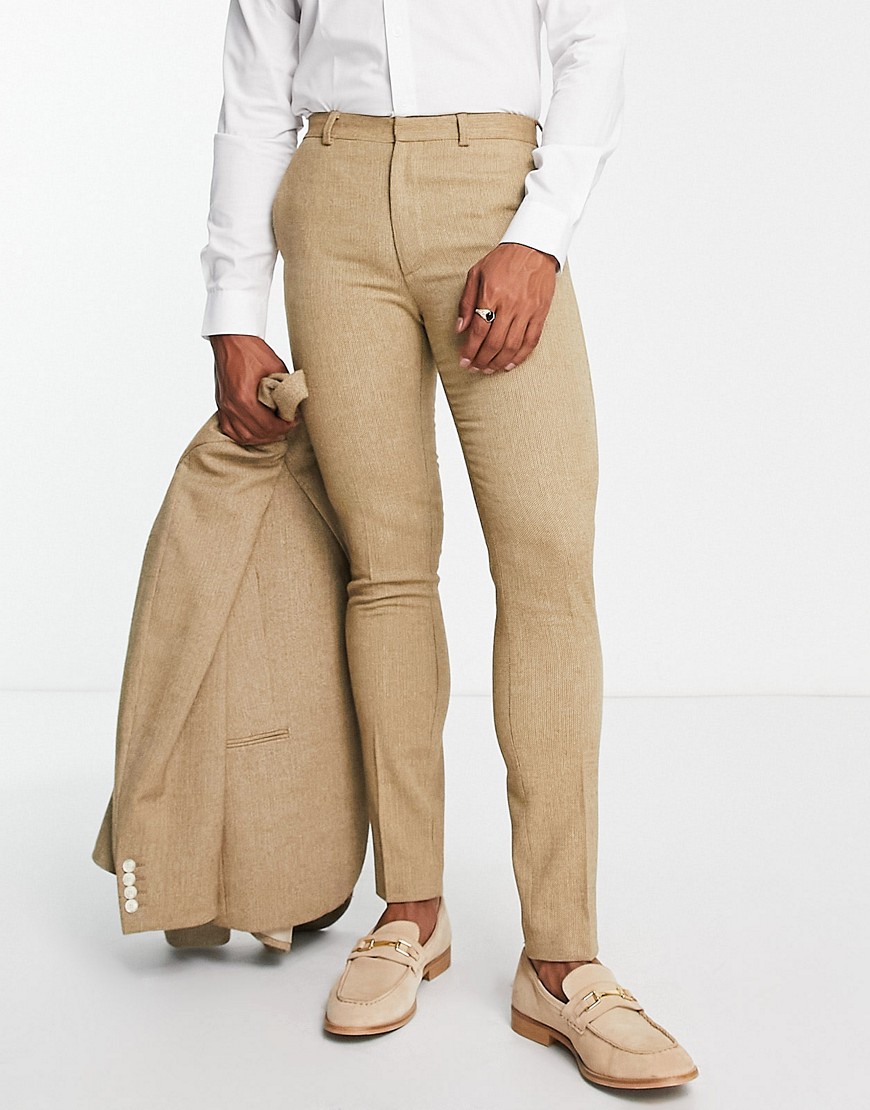 Asos Design Wedding Skinny Wool Mix Pants In Camel Basketweave Texture-neutral
