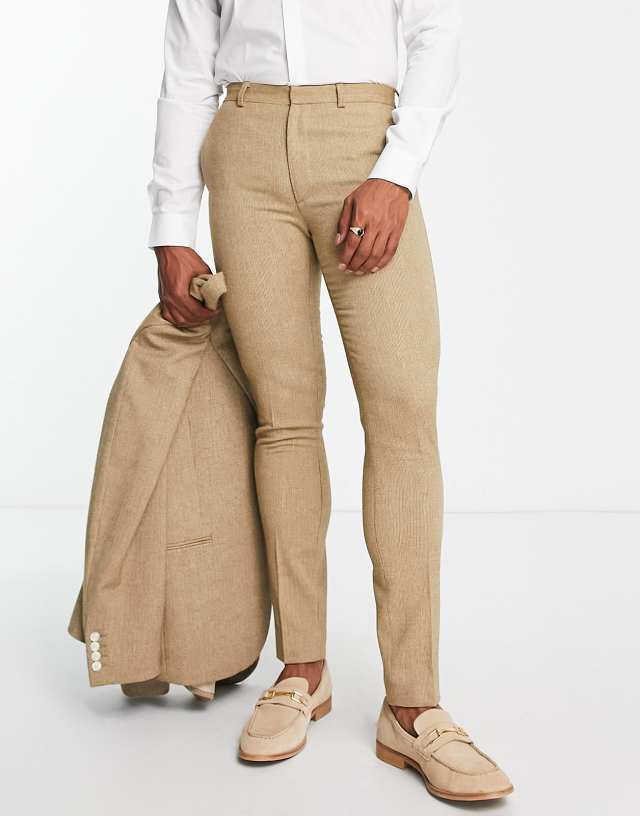 ASOS DESIGN wedding skinny wool mix pants in camel basketweave texture